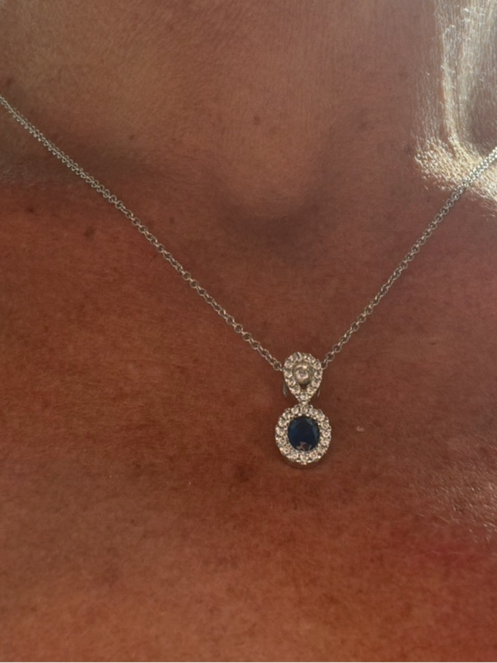 Natural Blue Sapphire & Diamond Necklace – 18K White Gold – September Birthstone